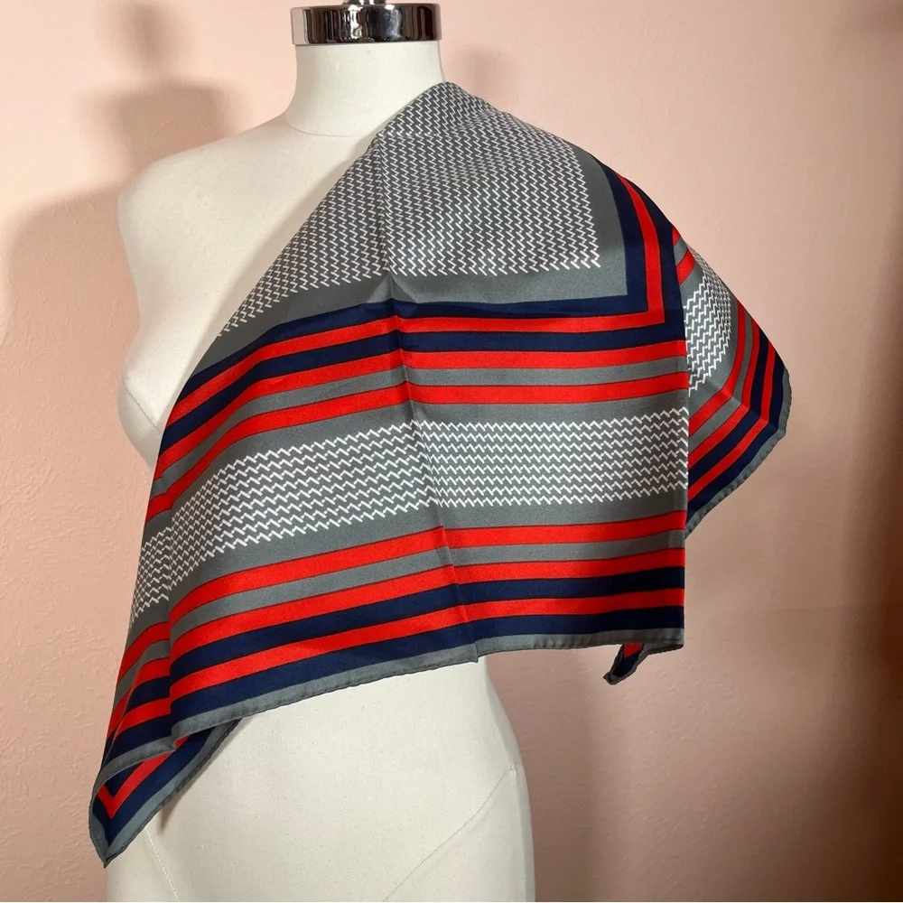 Vintage 1970 Mod Red Grey Art deco Geometric Striped Nautical  Square Scarf